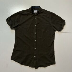 Zara Man Slim Fit Brown Button Front Mandarin Banded Collar Short Sleeve Shirt